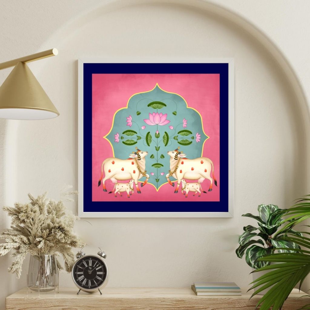 Pichwai Shrinathji with Cows Pink 9 x 9 inches