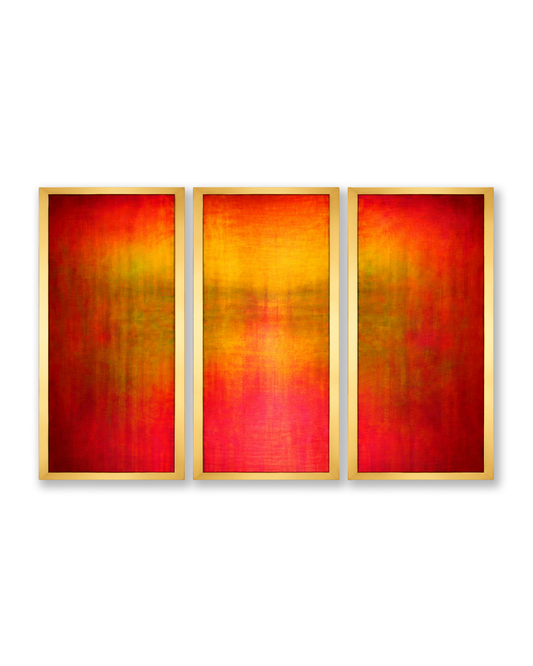 A three-panel abstract wall art set with vertical rectangular canvases in red, orange, and yellow gradients, each framed in light wood, shown against a plain white background.
