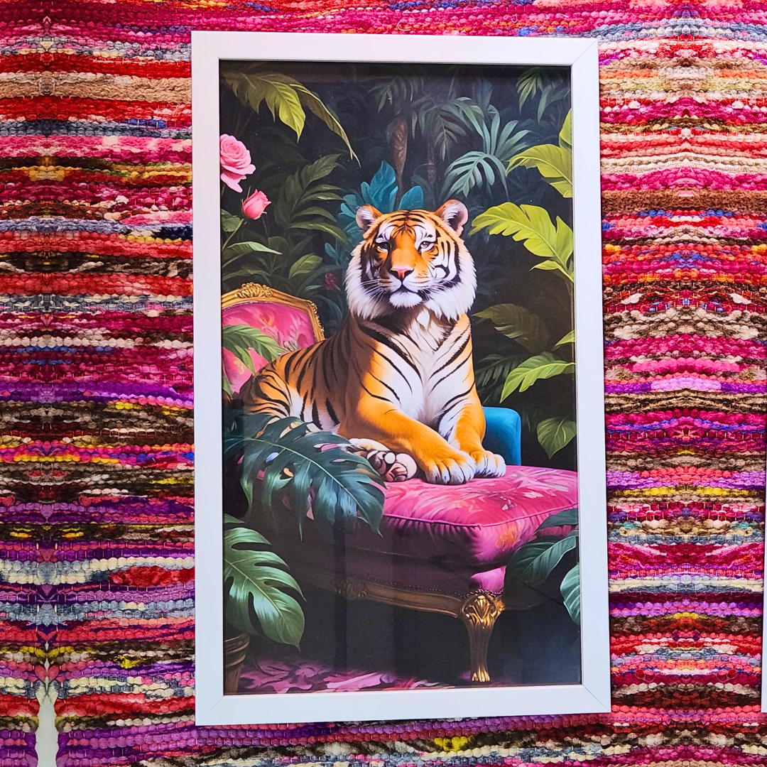 Tiger on a couch - White frame -12 x 20 inches