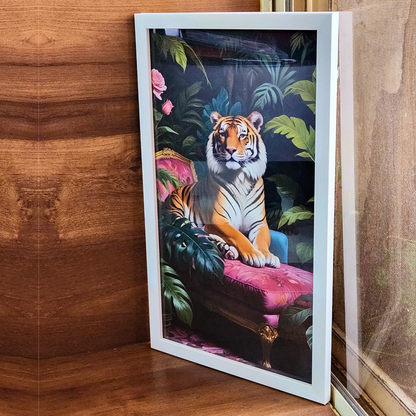 Tiger on a couch - White frame -12 x 20 inches