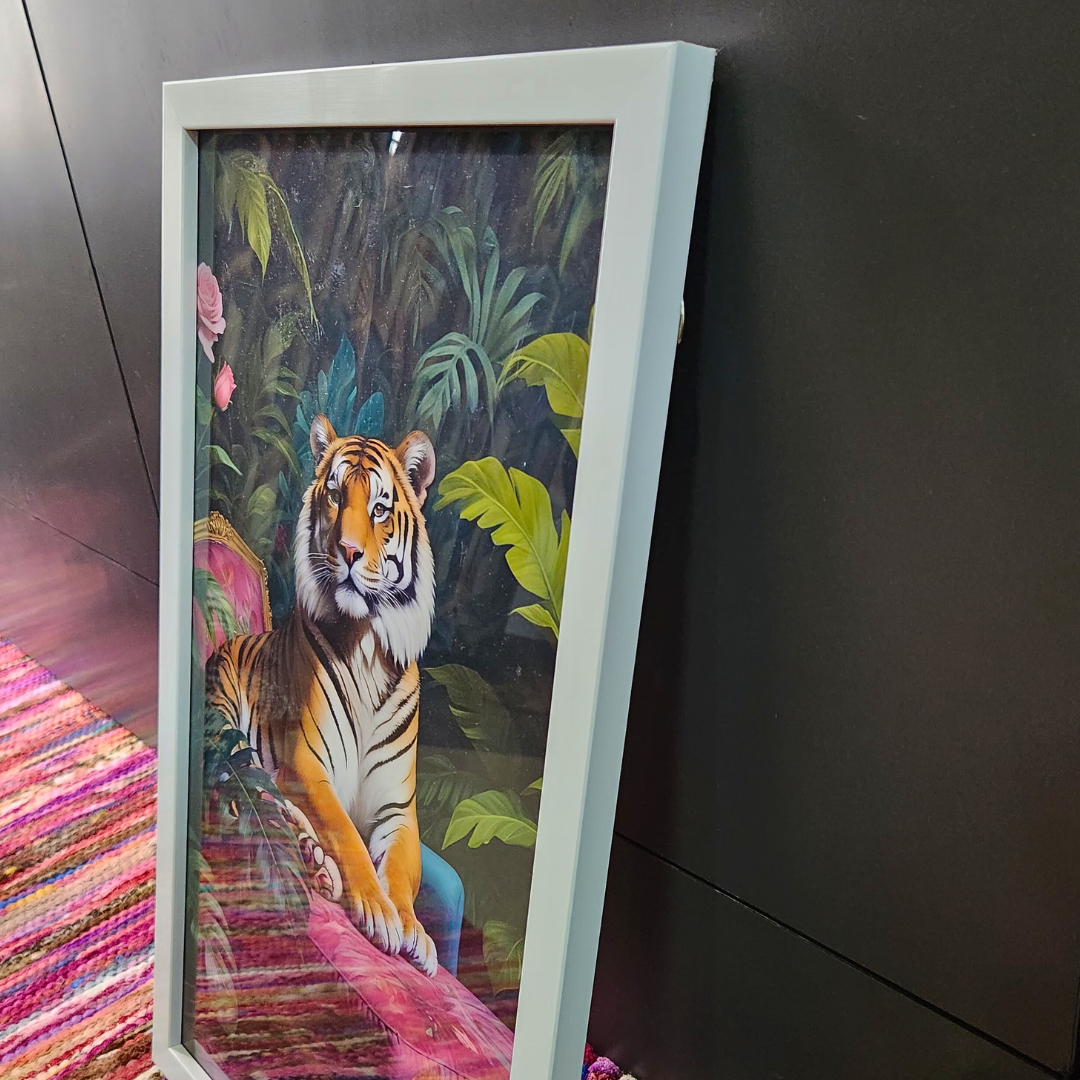 Tiger on a couch - White frame -12 x 20 inches