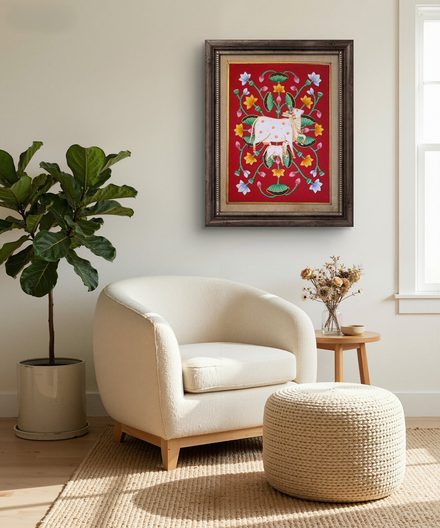 32 x 24 cms Hand-painted Pichwai Cow with Lotuses