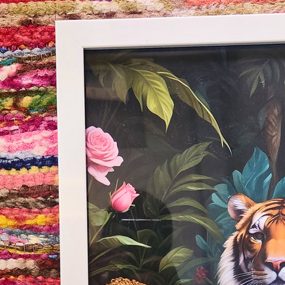 Tiger on a couch - White frame -12 x 20 inches