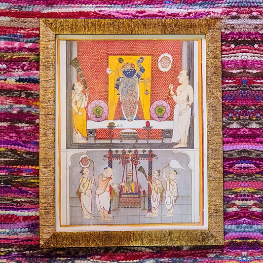 Priests before Lord Shrinathji- Textured Gold Frame 17 x 13.5 inches