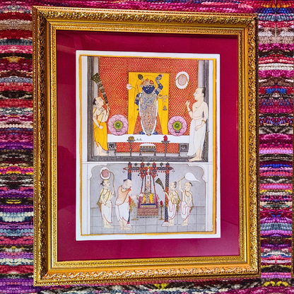 Priests before Lord Shrinathji- Gold Frame with Carving 20.6 x 17 inches