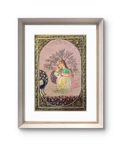 Lady with a peacock- Handpainted Miniature 16.5 x 11.5 cms