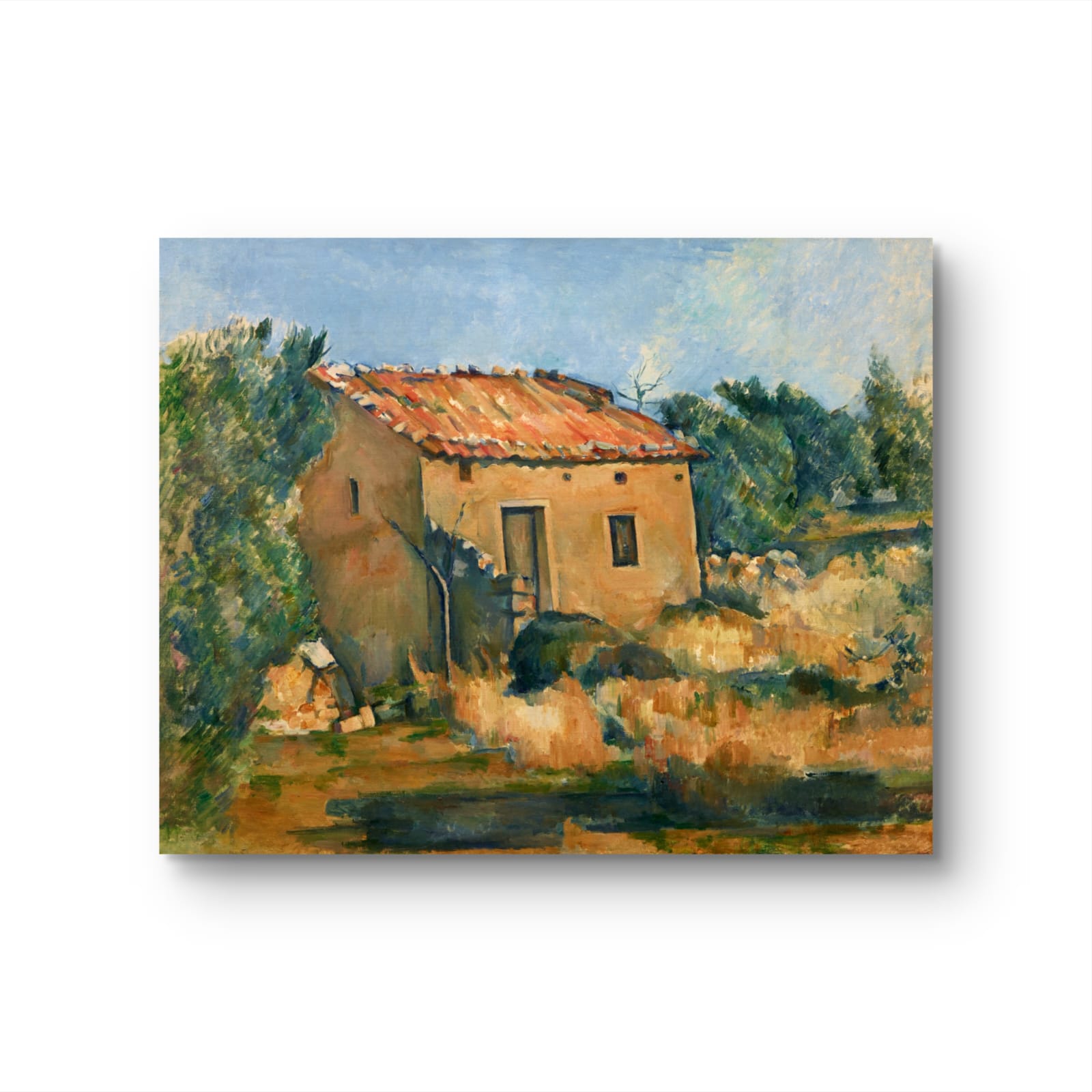 Painting of a rustic building with a thatched roof in a natural setting