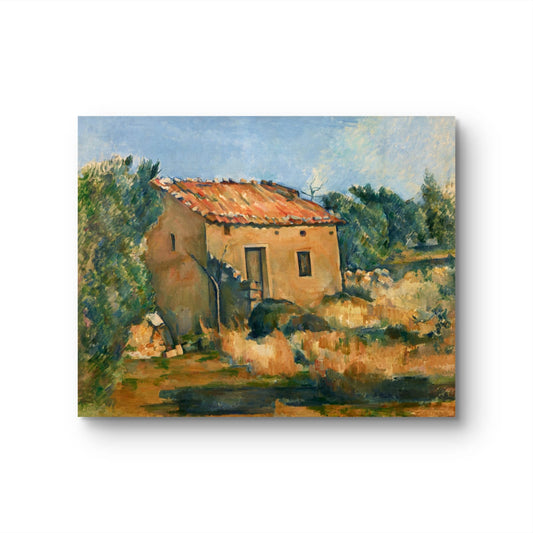 Painting of a rustic building with a thatched roof in a natural setting