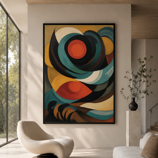 A large framed abstract wall art print hangs on a beige wall in a modern living room. The artwork features bold, flowing organic shapes in black, teal, mustard yellow, orange-red, cream, and brown.