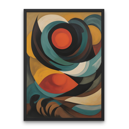 Framed abstract artwork with colorful circles on a white background