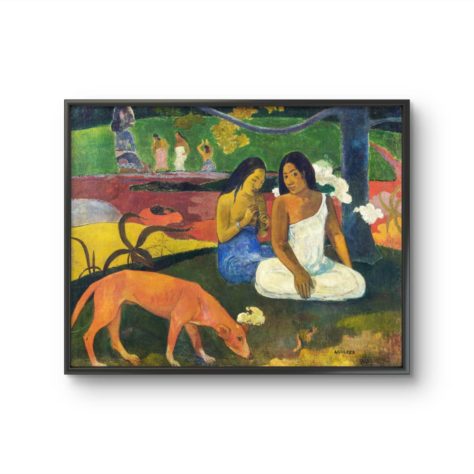 Framed artwork of two figures and a dog in a colorful setting