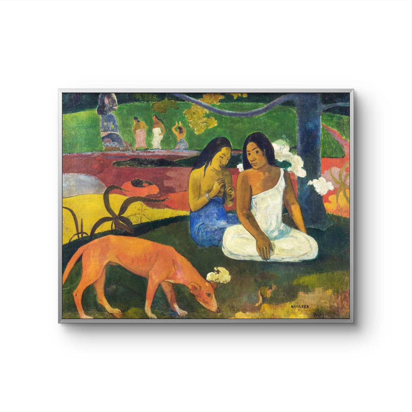 Framed artwork of two figures and a dog in a tropical setting, with a colorful background.