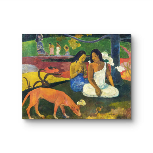 Framed artwork of two figures and a dog in a colorful setting