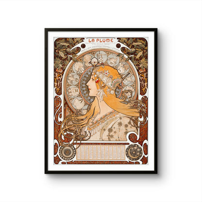 Art Nouveau-style poster with a woman's profile and intricate patterns, featuring the brand 'La Plume'.