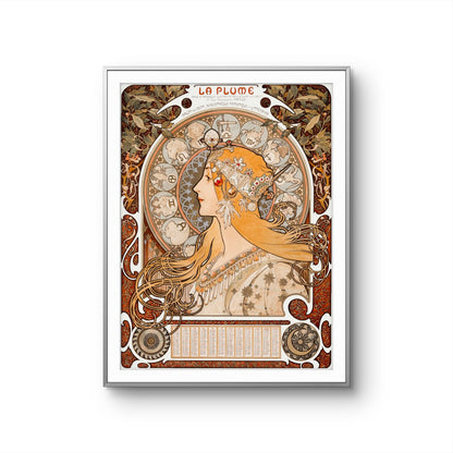 Art Nouveau style poster with intricate designs and a woman's profile, featuring the brand 'La Plume'.