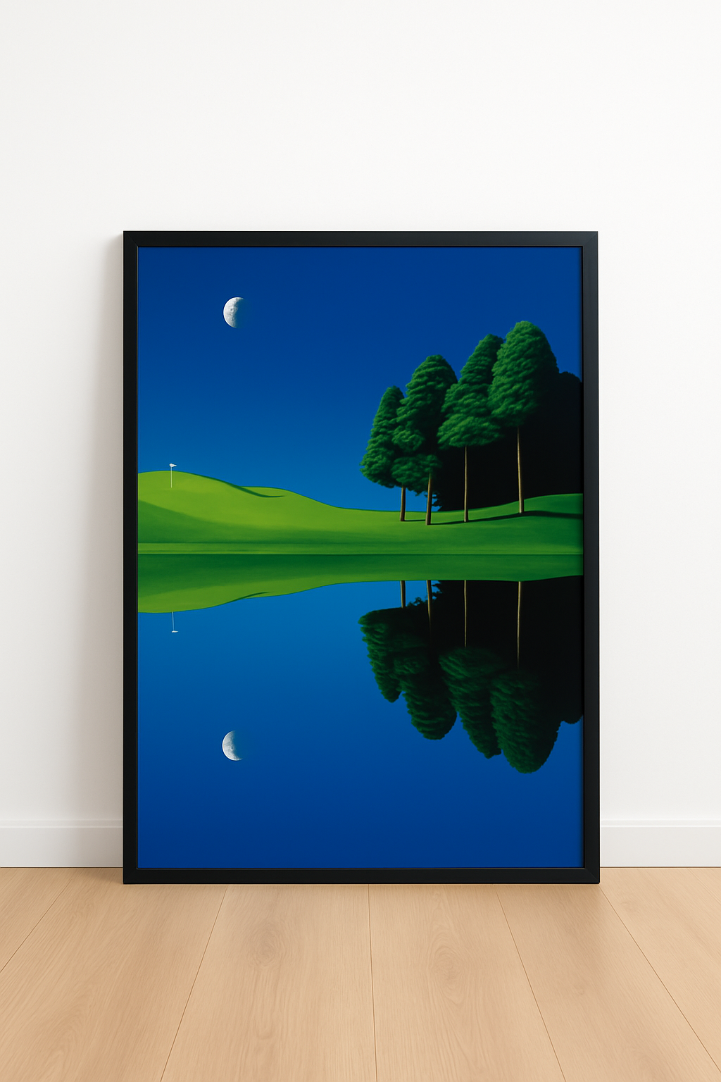 Framed artwork of a serene landscape with trees, grass, and water on a white wall.