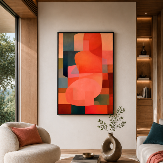 A framed abstract geometric wall art print with bold coral, orange, red, and teal shapes hangs on a beige wall in a modern living room setting with a round wooden coffee table, textured armchair, and built-in wood shelving.