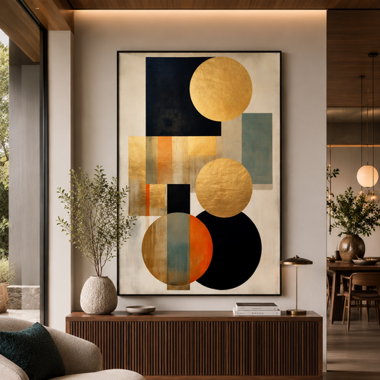 A large framed abstract wall art print hangs above a wooden console in a modern living room. The artwork features large circles and geometric blocks in gold, black, beige, orange, and muted blue-green tones on a cream background.