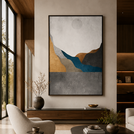 A framed abstract landscape wall art print hangs in a modern living room setting with a beige armchair, dark wood coffee table, and large windows.