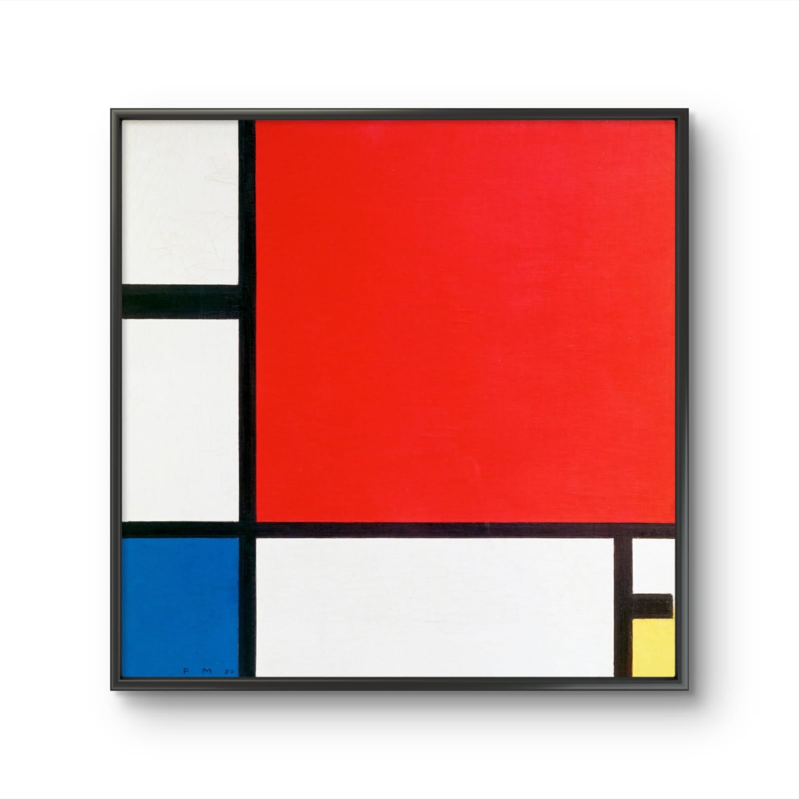 Framed abstract art with geometric shapes on a white background