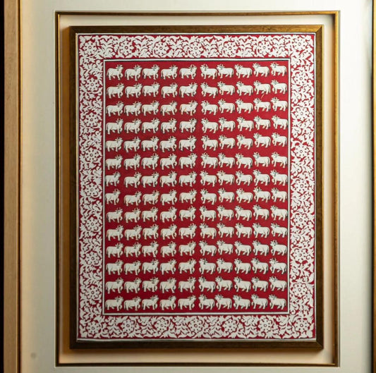 Hand Painted Pichwai Cows on Red Fabric (3ft by 5ft) Unframed