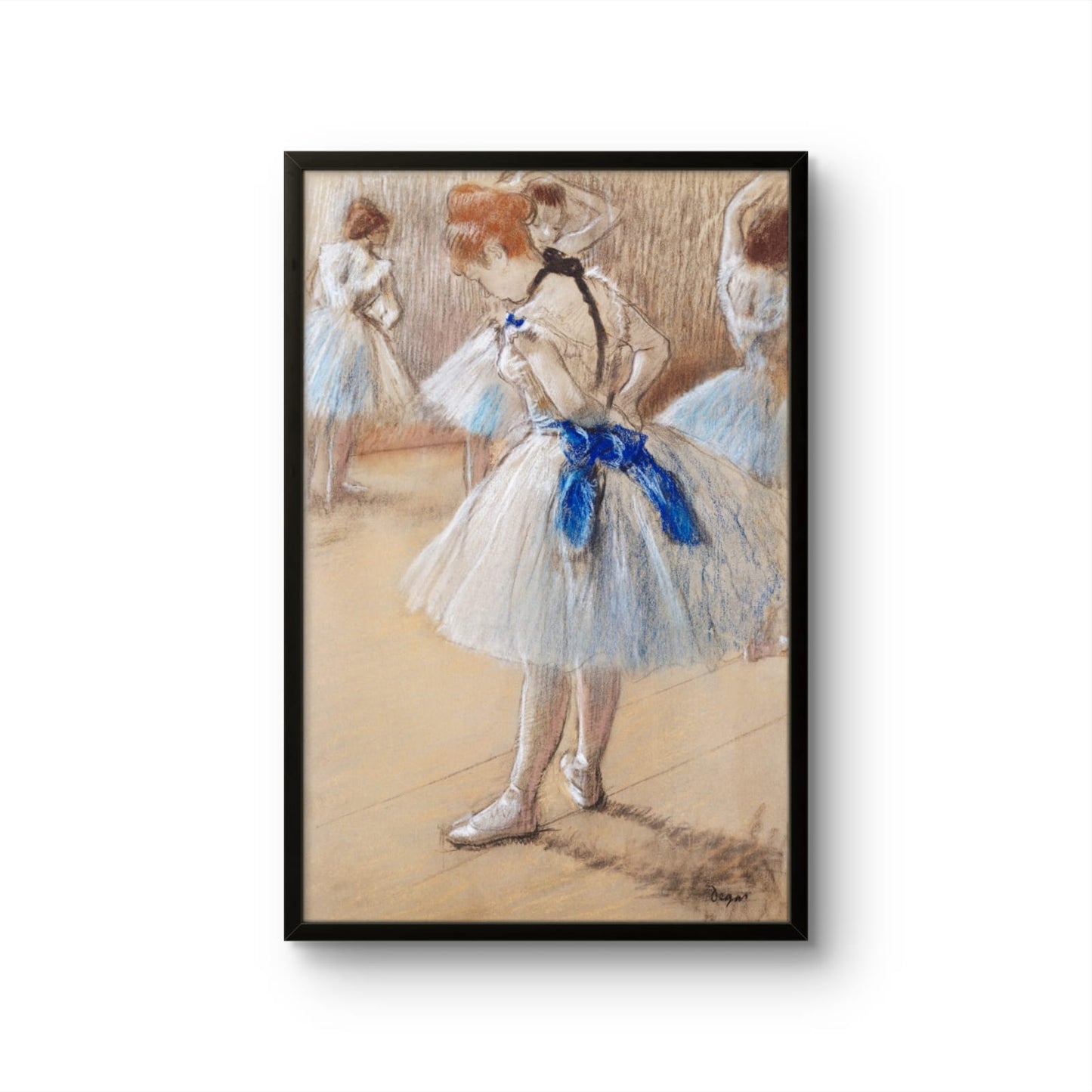 Framed artwork of a dancer with a blue ribbon in a dance studio setting