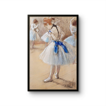 Framed artwork of a dancer with a blue ribbon in a dance studio setting