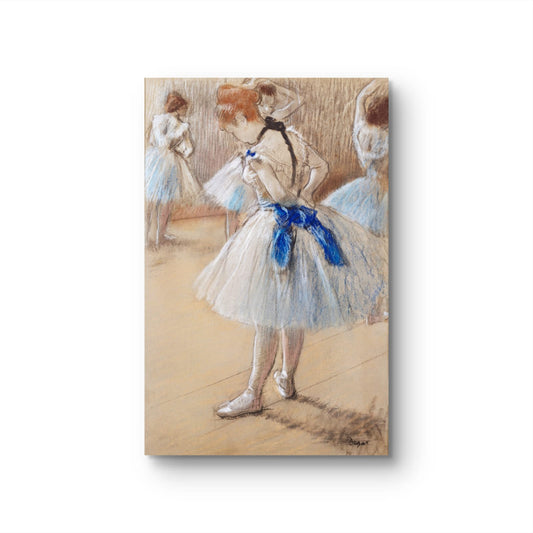 Canvas print of a dancer with a blue ribbon, inspired by famous artwork, on a white background.