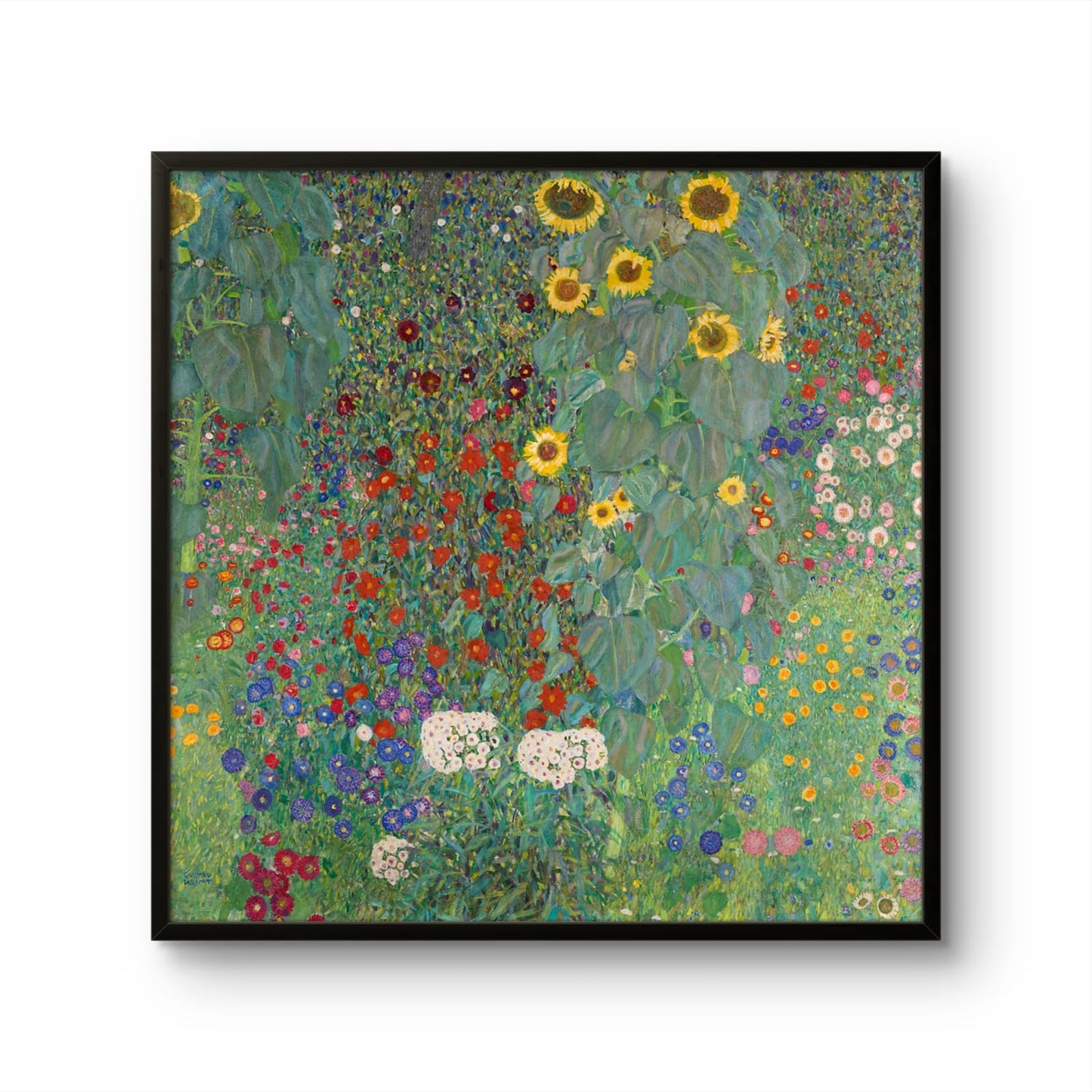 Framed artwork of a colorful floral design on a white background