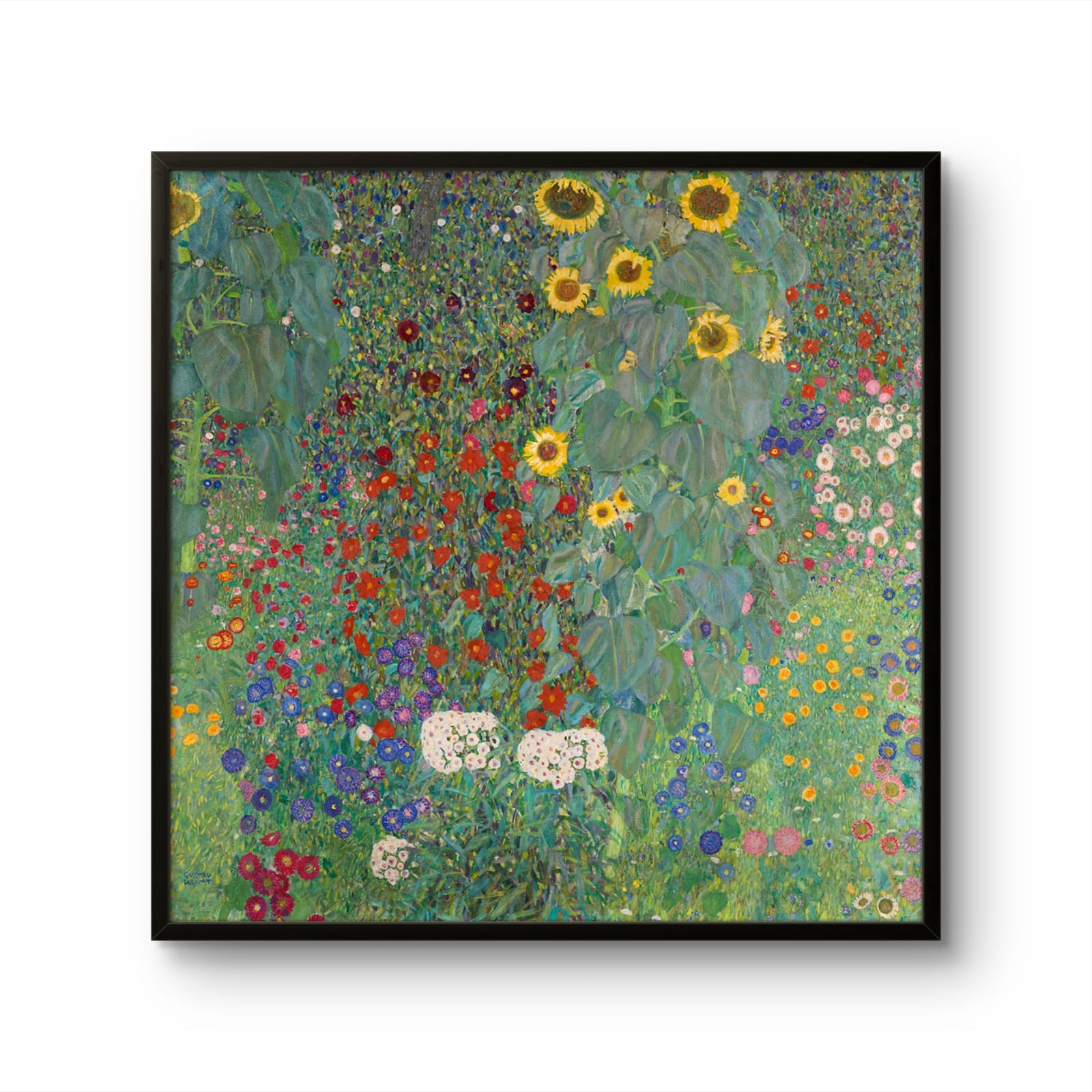 Framed artwork of a colorful floral design on a white background