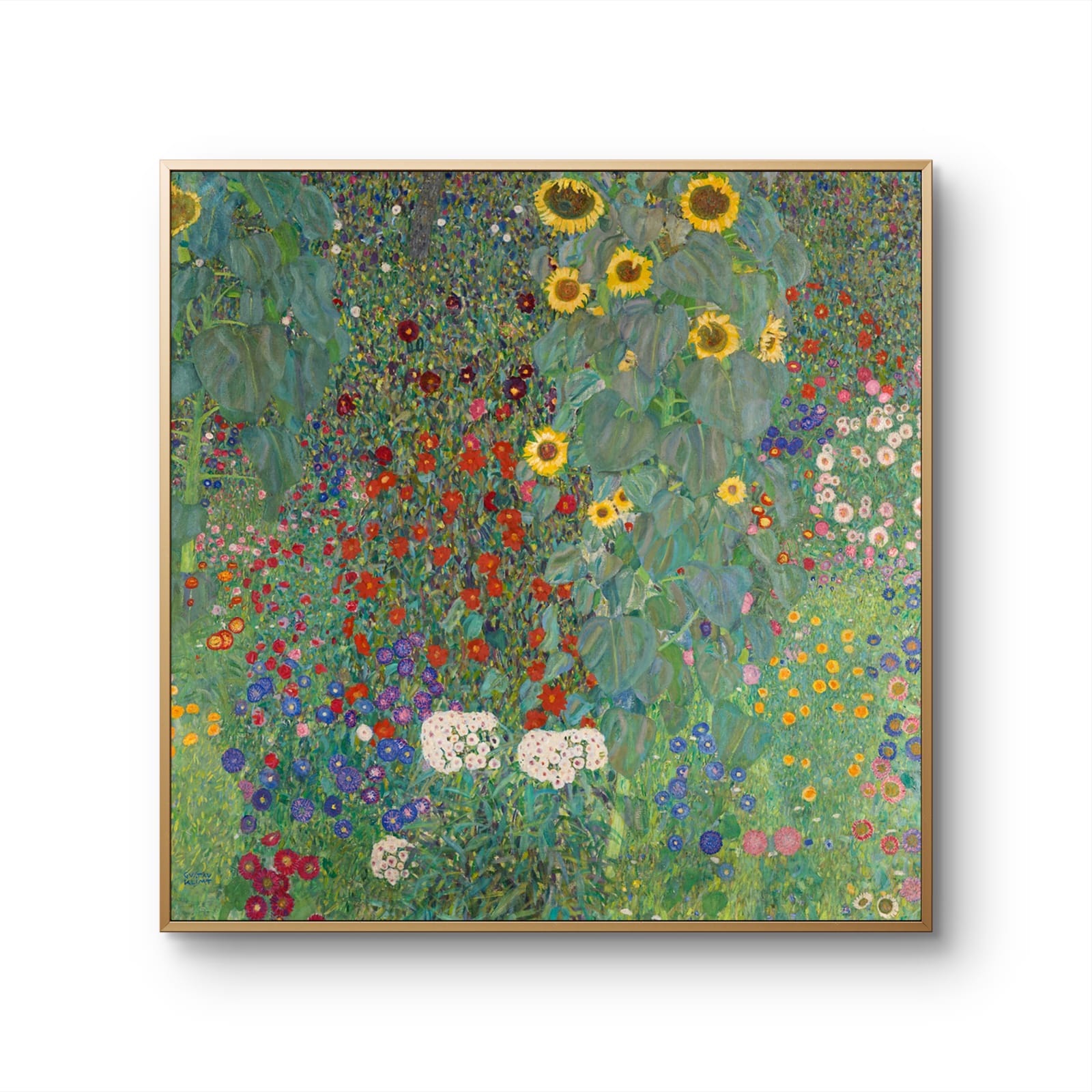 Framed artwork of a colorful floral scene with sunflowers on a white background