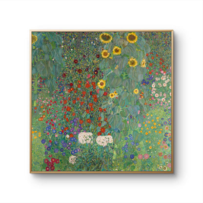 Framed artwork of a colorful floral scene with sunflowers on a white background