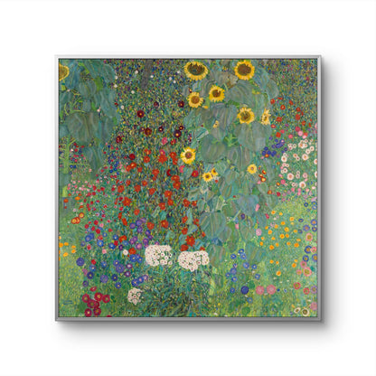 Framed artwork of a colorful floral scene with sunflowers and various other flowers on a white background.
