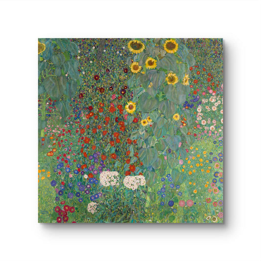 Floral artwork with sunflowers and various other flowers on a green background