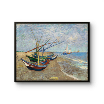 Framed painting of boats on a beach with a clear sky
