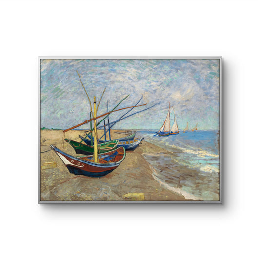 Framed painting of boats on a beach with a body of water in the background