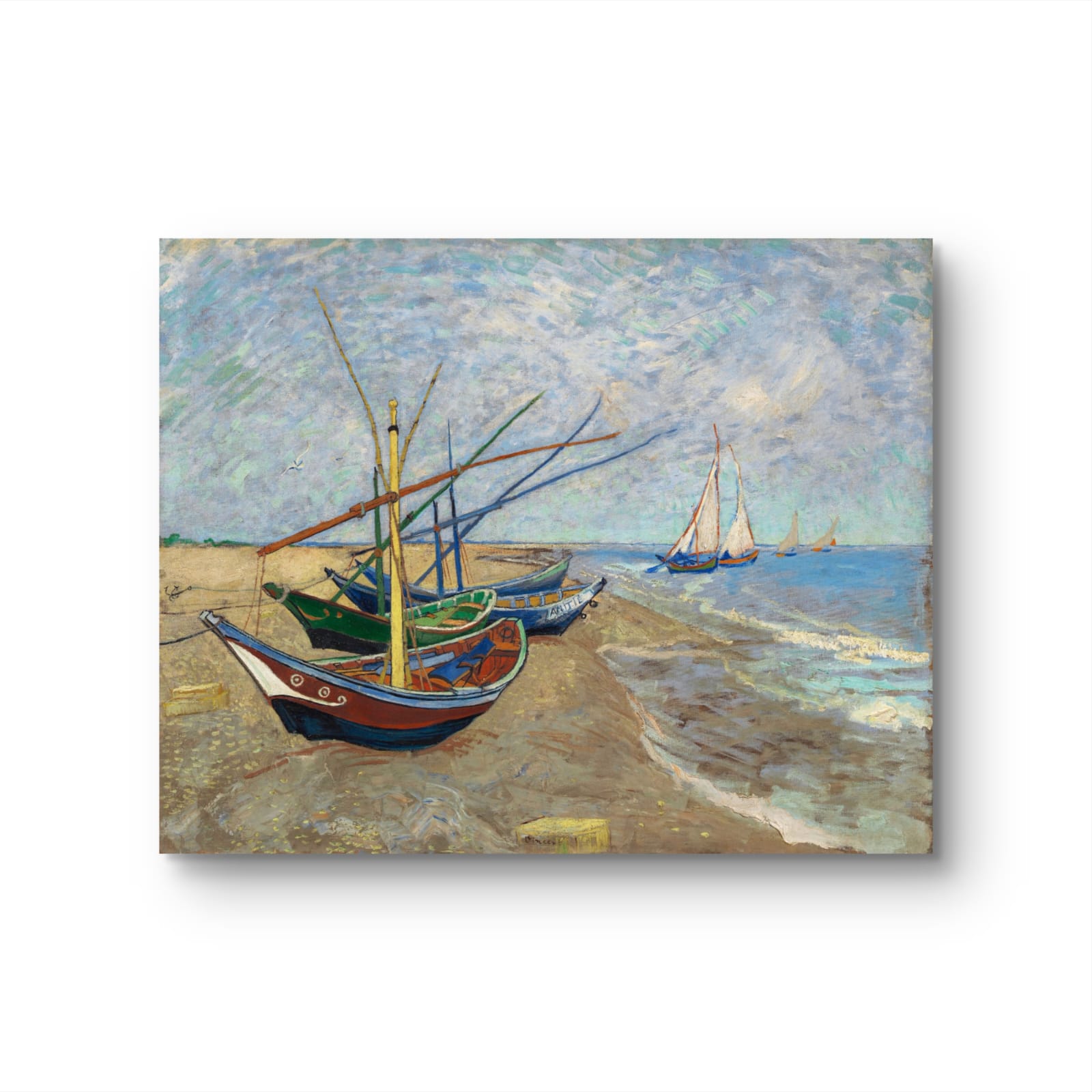 Painting of boats on a beach with a body of water in the background