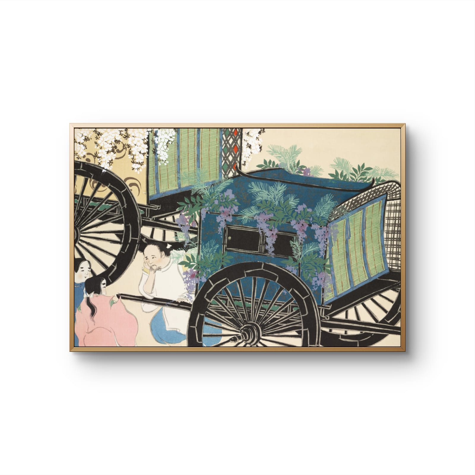 Framed artwork of a traditional Japanese scene with a cart and people, on a white background.