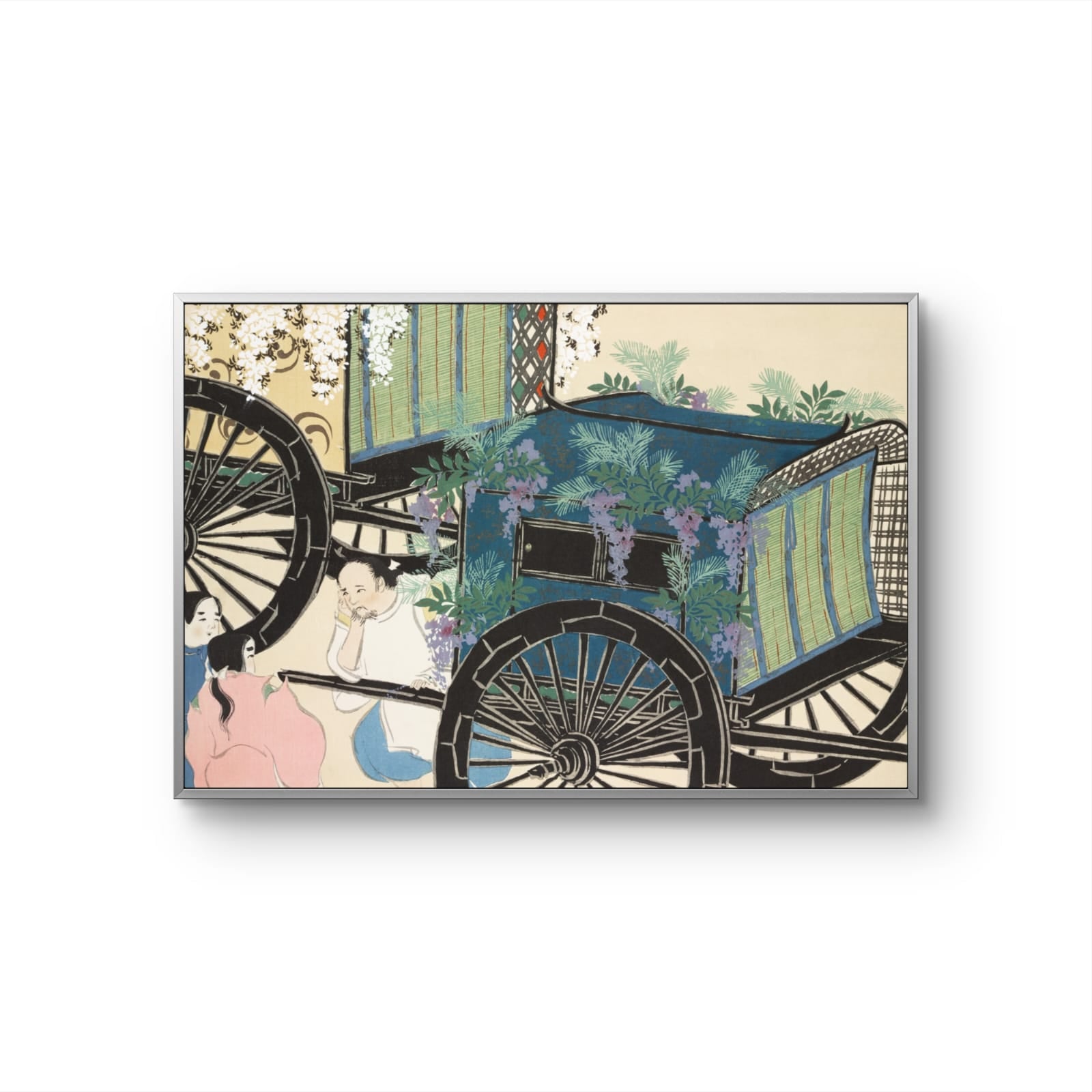 Framed artwork of a traditional Japanese scene with a (rickshaw) and people.