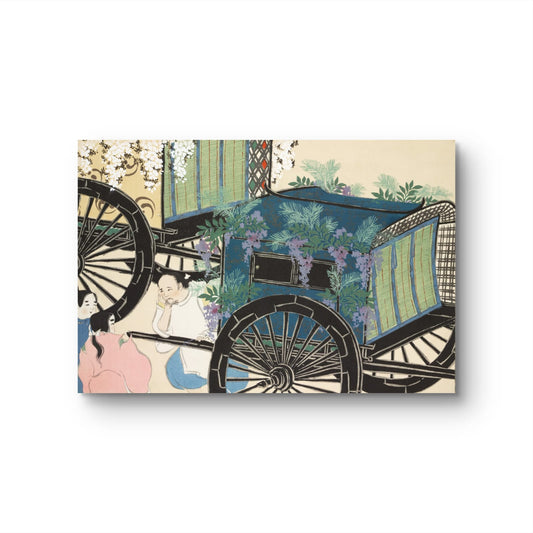 Decorative card with an illustration of a traditional Japanese rickshaw and people, on a beige background.