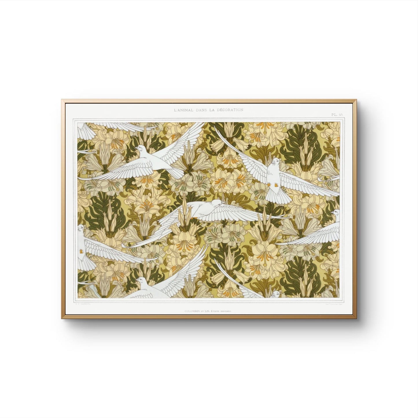 Framed artwork with birds and floral pattern on a white background