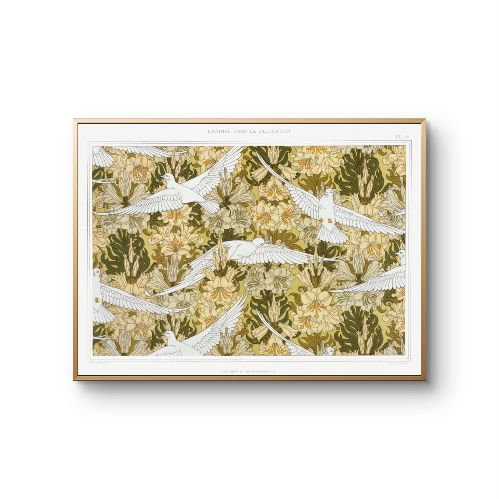 Framed artwork with birds and floral pattern on a white background