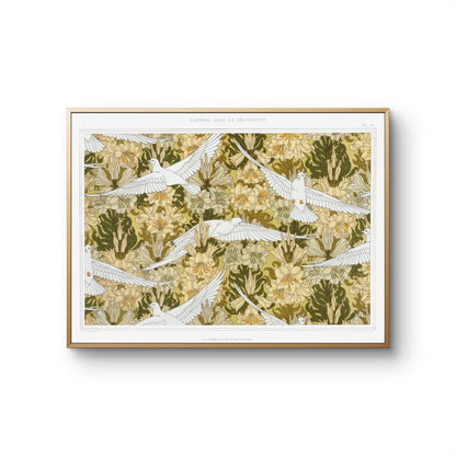 Framed artwork with birds and floral pattern on a white background