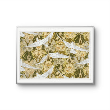 Framed artwork with white birds and green foliage on a beige background