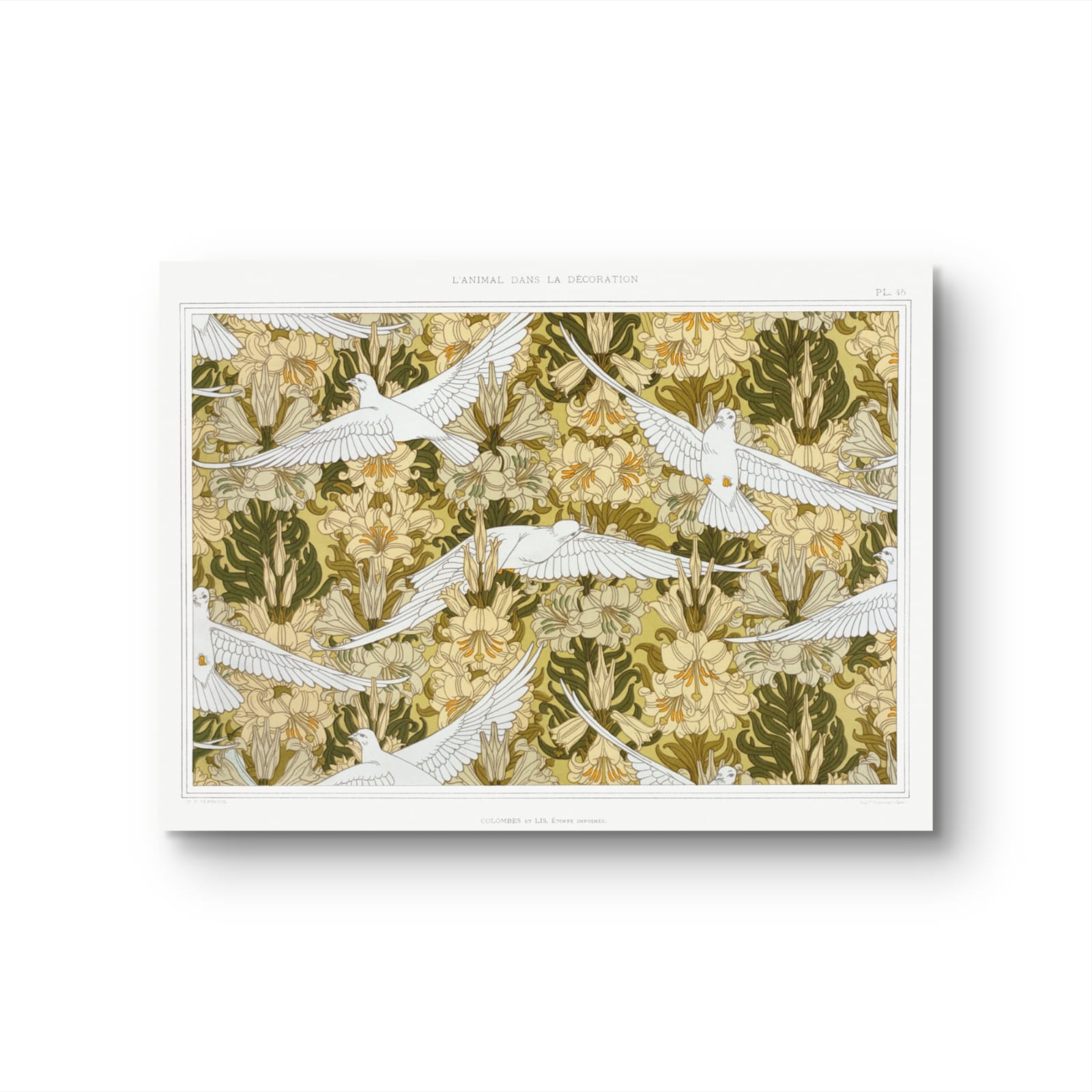 Framed artwork with a floral and bird pattern on a white background