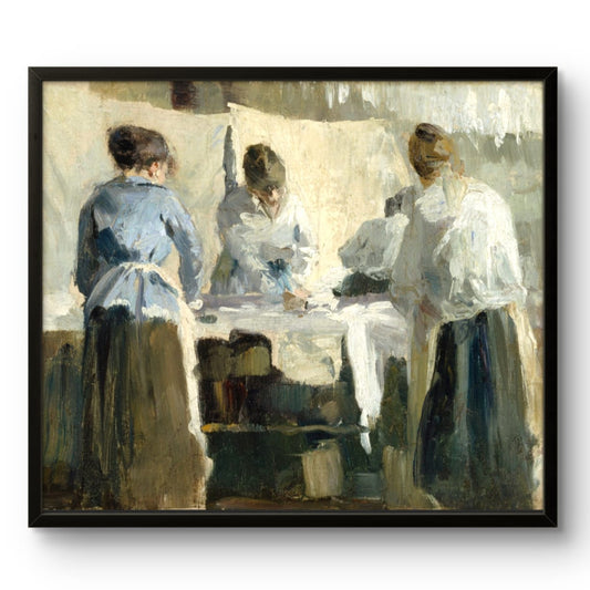 French Women Ironing abstract art print featuring gold and silver tones