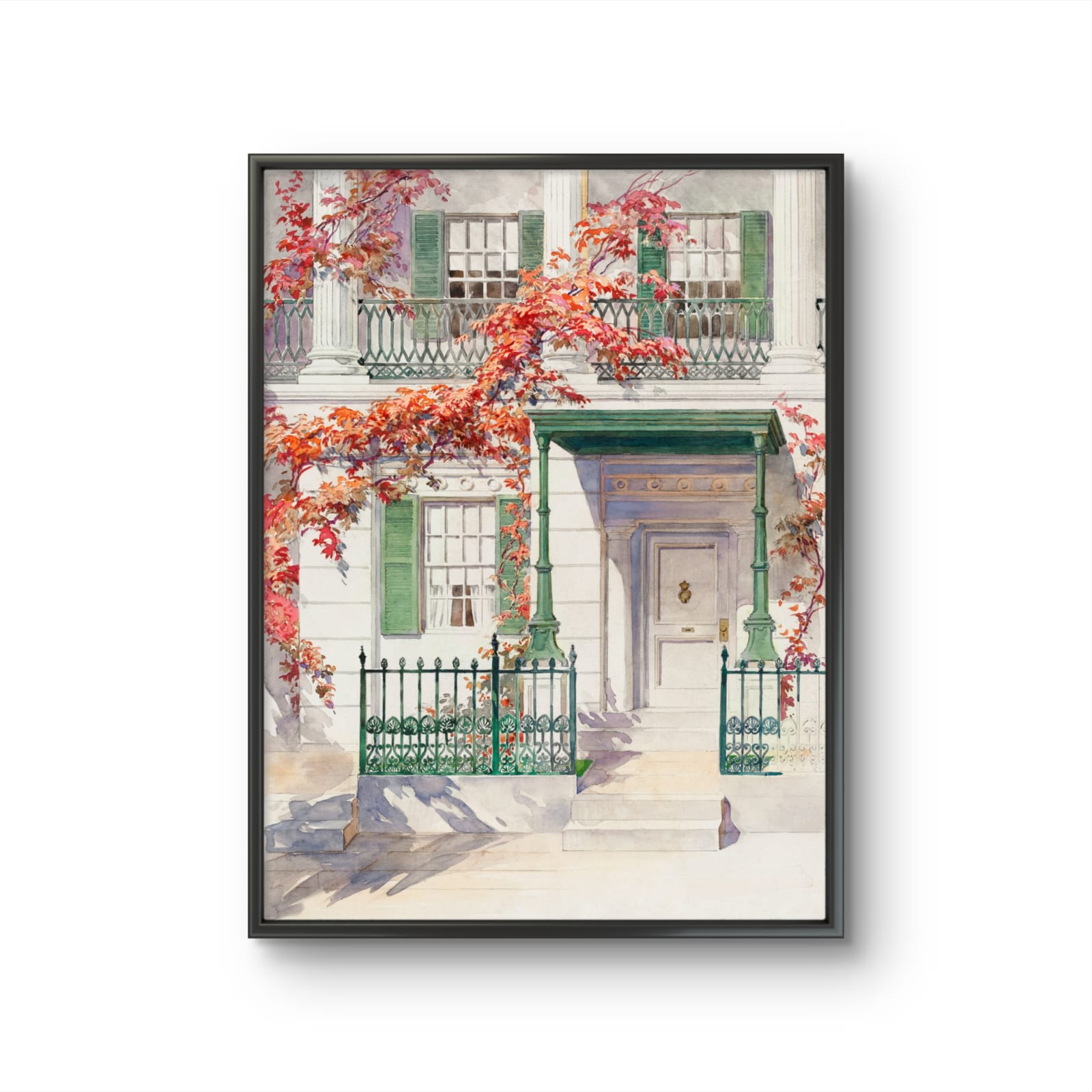 Framed artwork of a house with green shutters and red flowers on a white background