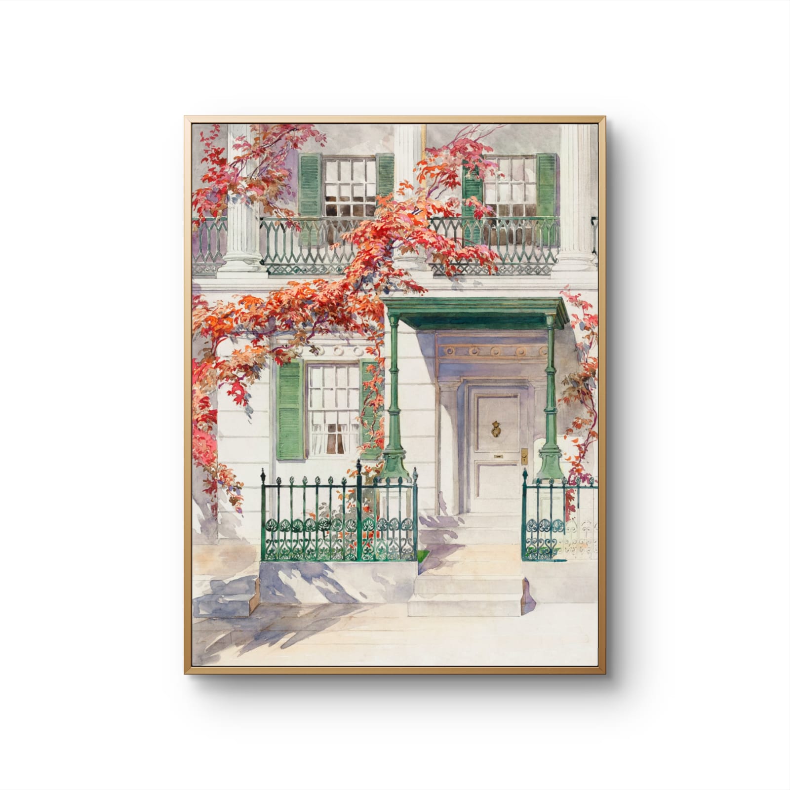 Framed artwork of a classical building with red flowers and green shutters on a white background