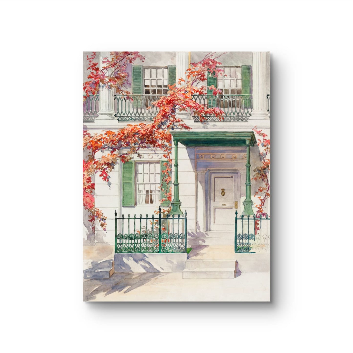 Painting of a white house with green shutters and a door, decorated with red and orange autumn leaves.