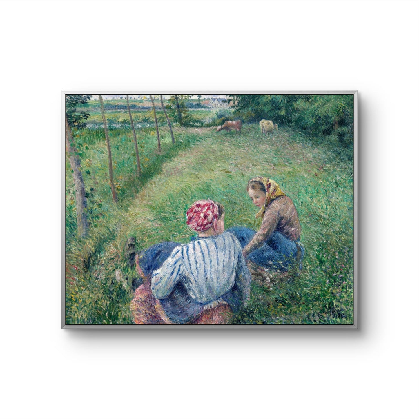 Framed artwork of two women sitting on a grassy path with trees and animals in the background.
